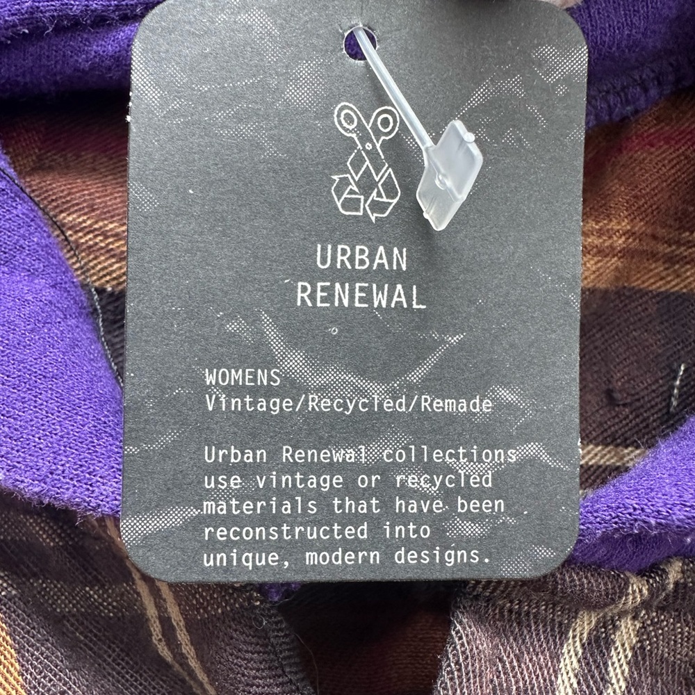 URBAN RENEWAL brown plaid flannel crop hooded up-cycled shirt size Small - NWT! - Picture 6 of 8